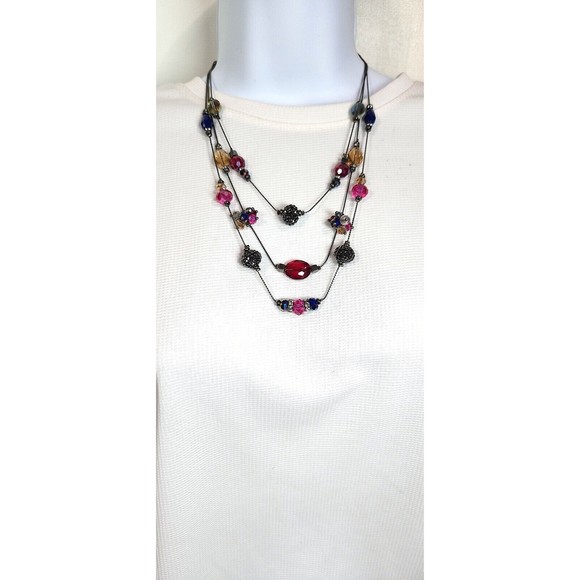 Triple Strand Bling Bead Necklace Black Chain Assorted Glass Bead Stations 20 in - Picture 3 of 7